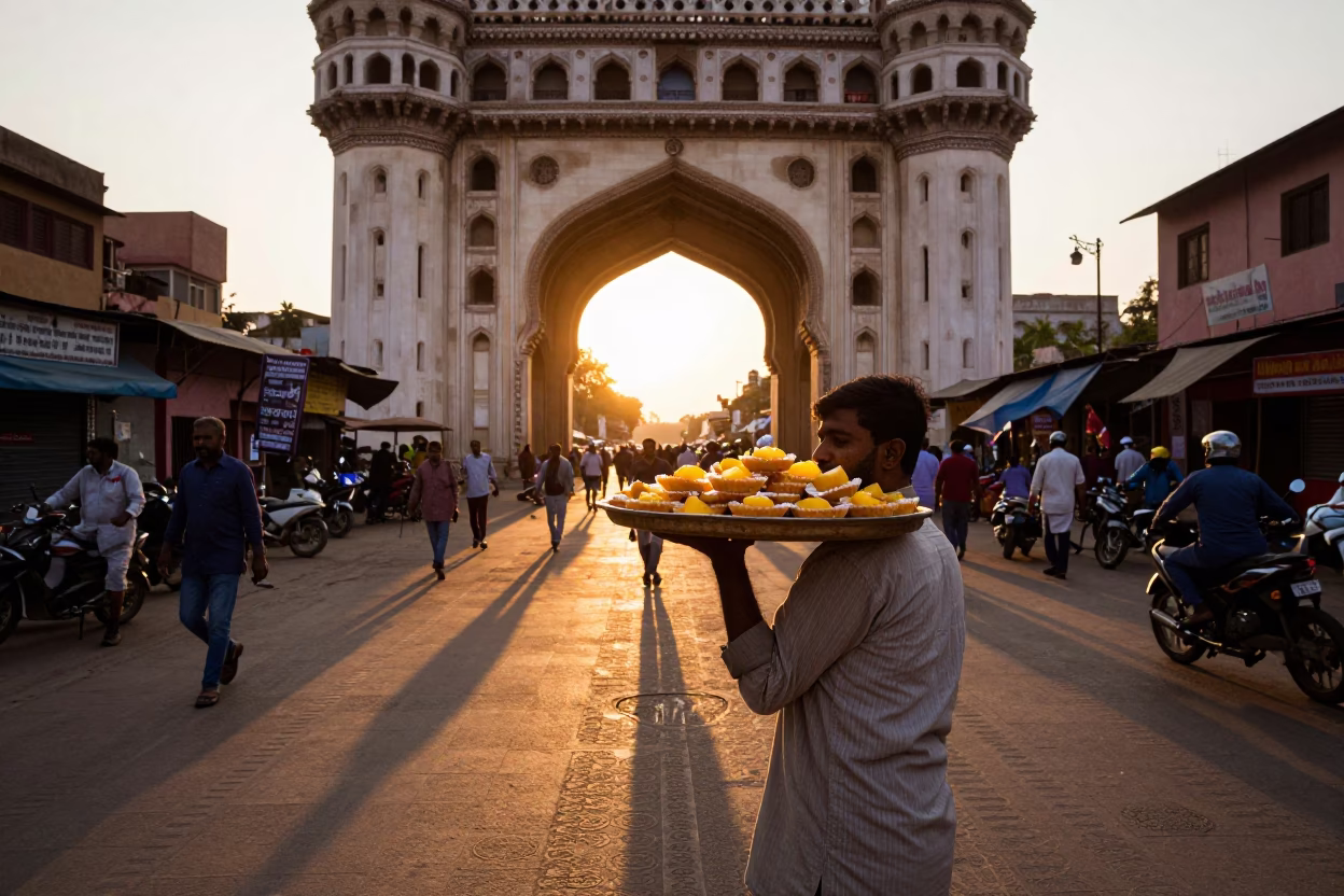 Golden Hour Street Scene in Hyderabad India with Vendor and Local Life in in Hyderabad, India