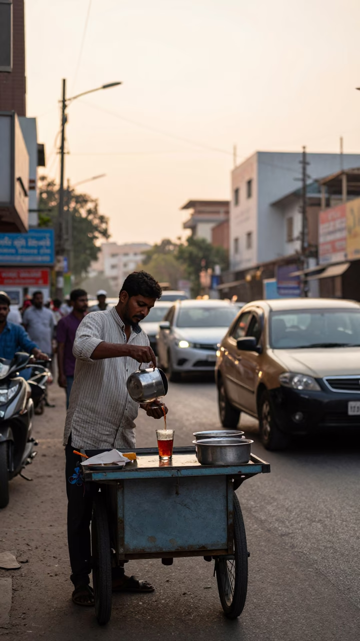 Golden Hour Street Scene in Hyderabad India with Vendor and Traffic in in Hyderabad, India