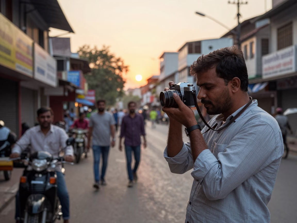 Golden Hour Street Scene in Hyderabad India with Vintage Camera and Local Interaction in in Hyderabad, India