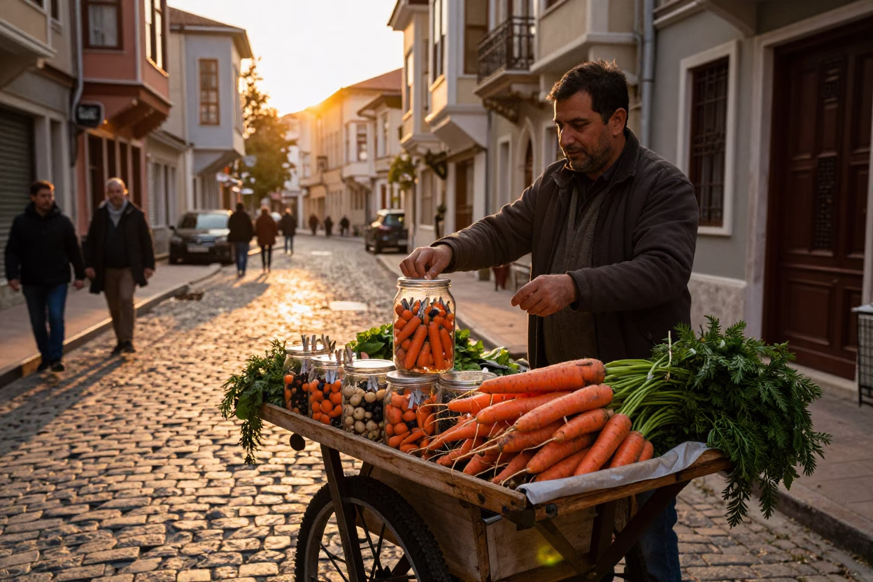 Golden Hour Street Scene in Istanbul Turkey with Clothespin Jar and Carrots in in Istanbul, Turkey