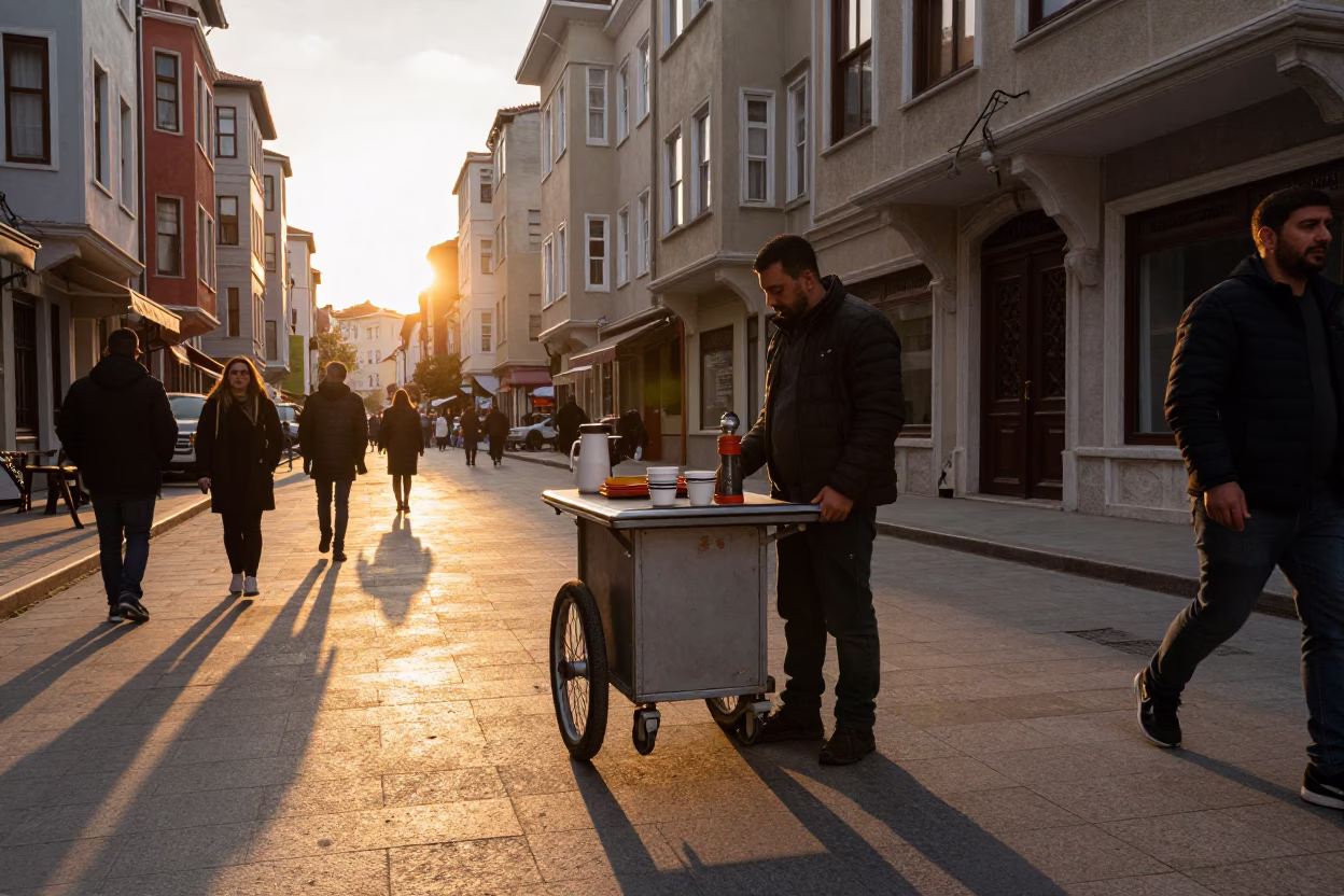 Golden Hour Street Scene in Istanbul Turkey with Cup and Pepper Mill in in Istanbul, Turkey