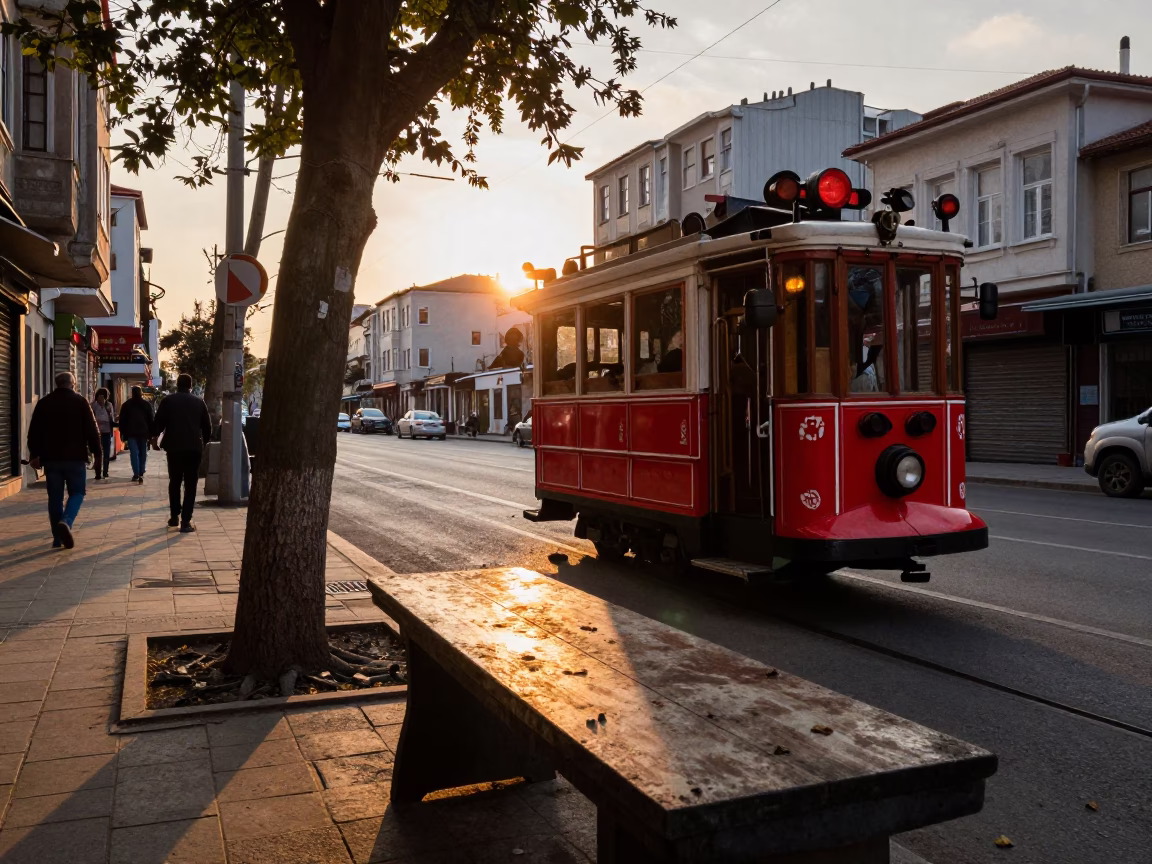 Golden Hour Street Scene in Istanbul Turkey with Fig Tree and Vintage Trolley in in Istanbul, Turkey