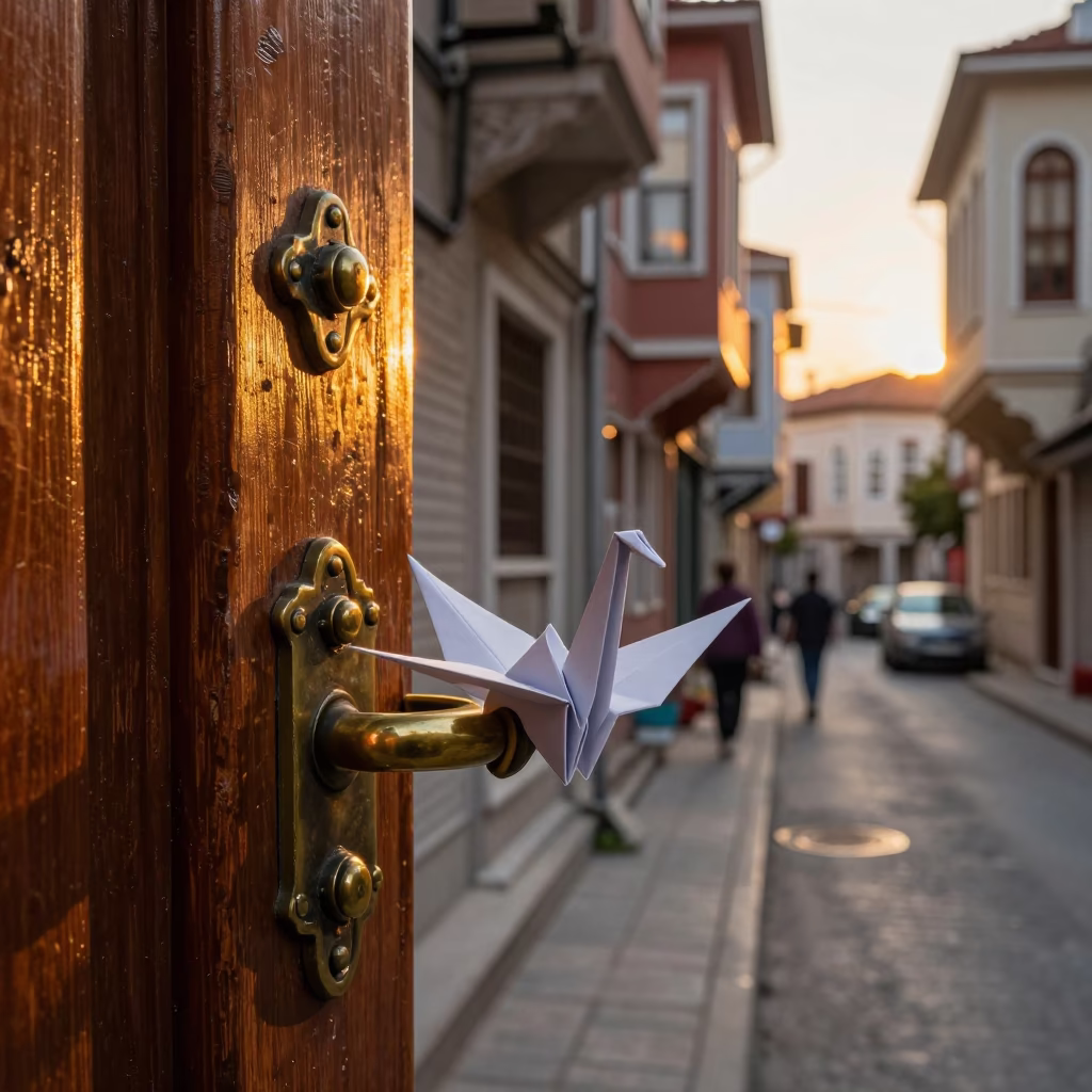 Golden Hour Street Scene in Istanbul Turkey with Origami Crane and Door Handle Details in in Istanbul, Turkey