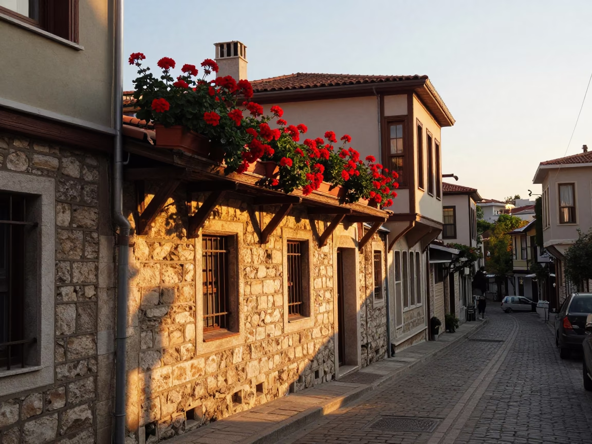 Golden Hour Street Scene in Istanbul Turkey with Potted Geraniums and Rooftop Water Tower in in Istanbul, Turkey