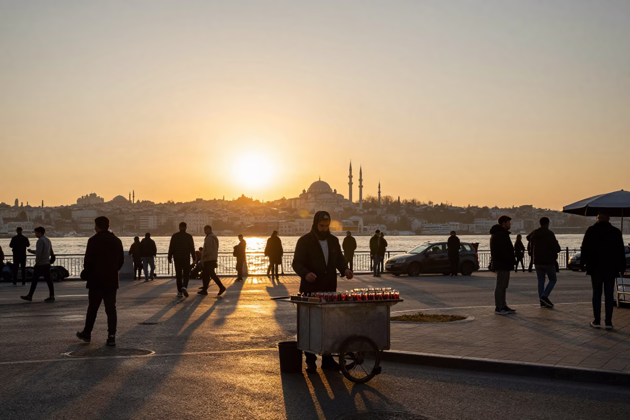 Golden Hour Street Scene in Istanbul Turkey with Traditional Tea and Urban Architecture in in Istanbul, Turkey