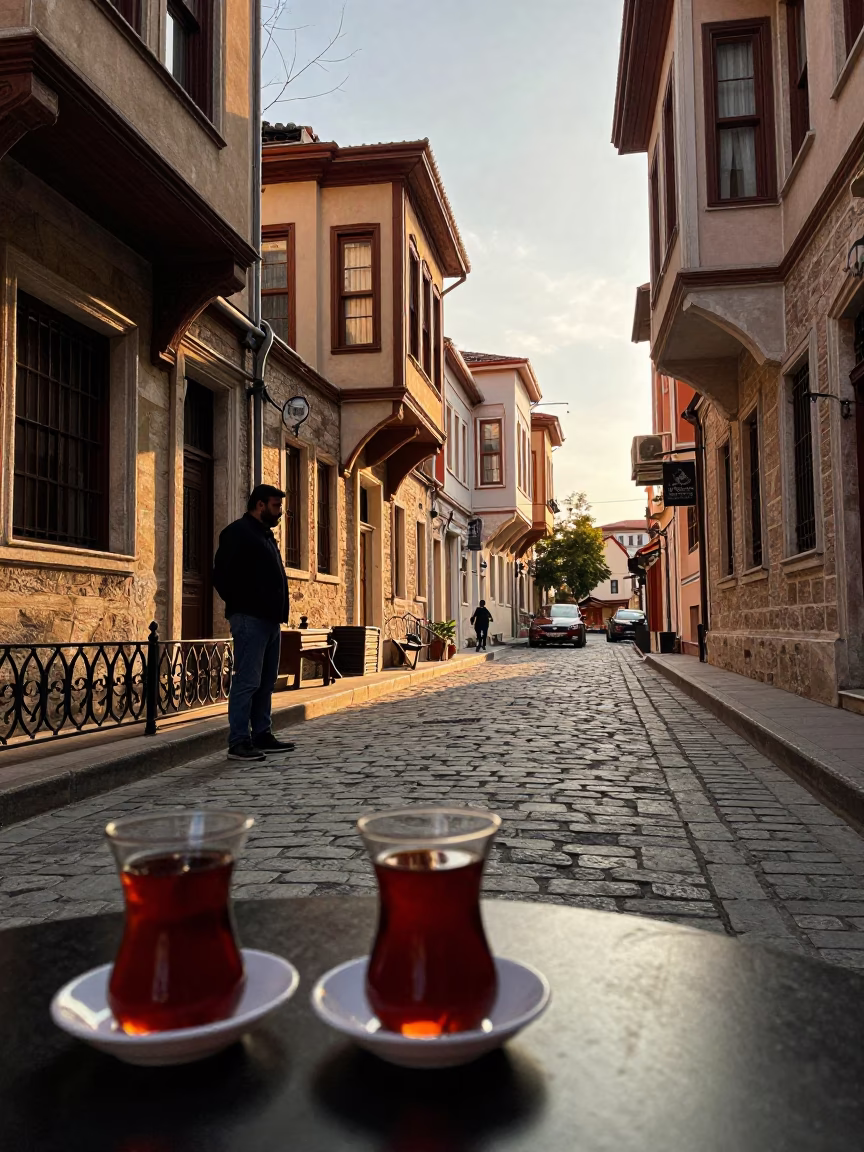 Golden Hour Street Scene in Istanbul Turkey with Traditional Tea Glass and Vintage Architecture in in Istanbul, Turkey