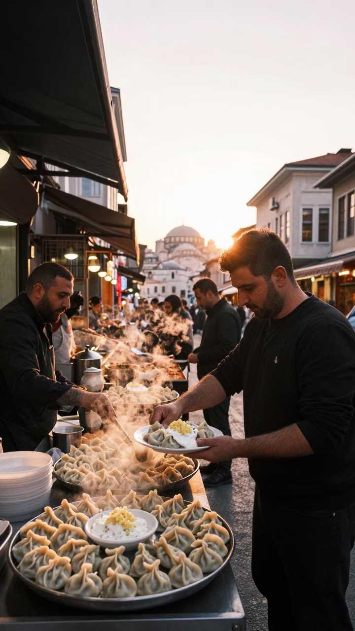 Golden Hour Street Scene in Istanbul Turkey with Traditional Turkish Manti Dumplings and Cutlery in in Istanbul, Turkey