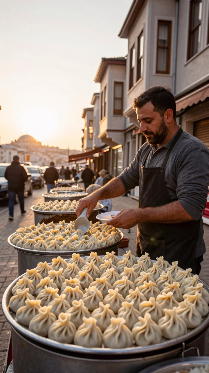 Golden Hour Street Scene in Istanbul Turkey with Turkish Manti Dumplings in in Istanbul, Turkey