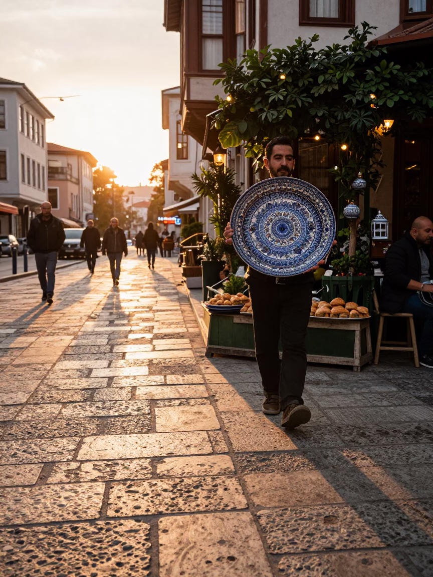 Golden Hour Street Scene in Istanbul Turkey with Vintage Majolica Plate and Baklava in in Istanbul, Turkey