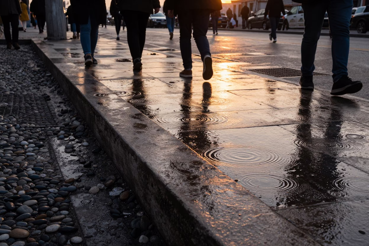 Golden Hour Street Scene in Istanbul Turkey with Water Rings and Pebbles in in Istanbul, Turkey