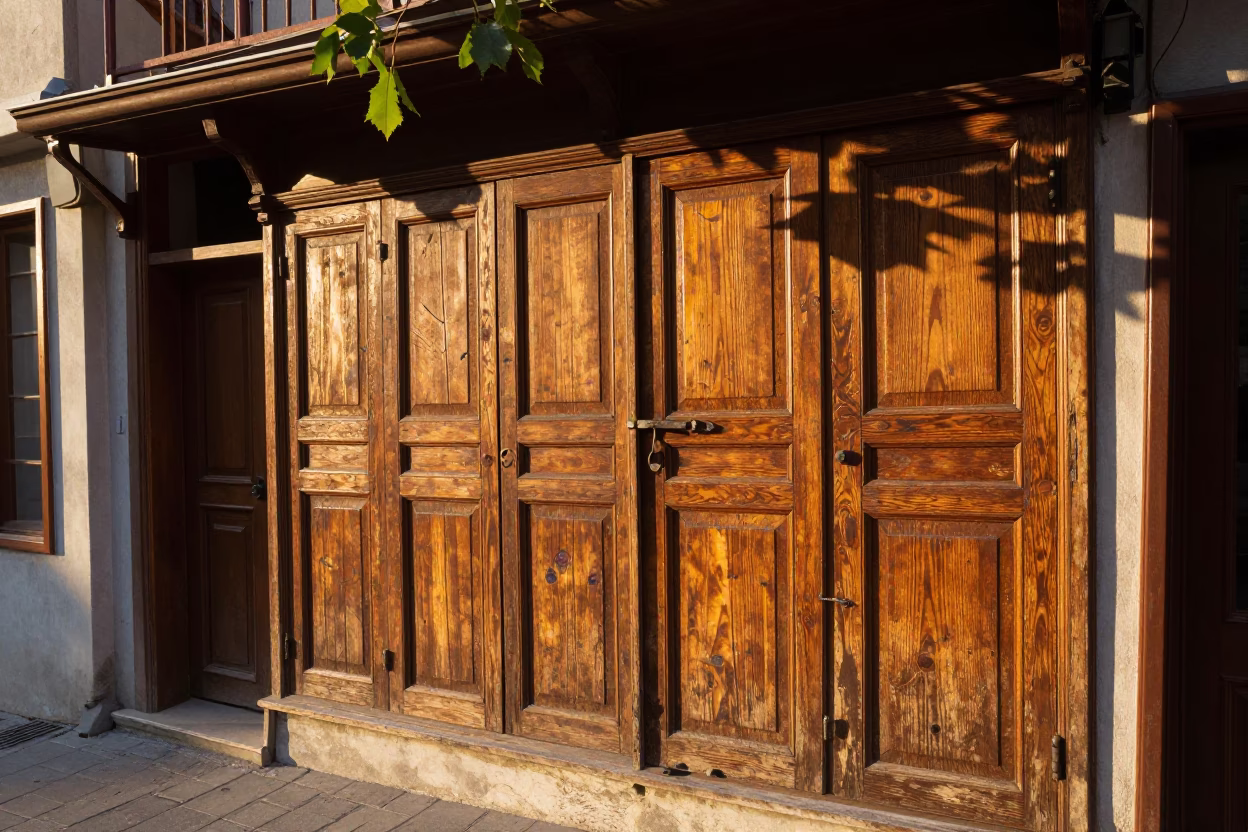 Golden Hour Street Scene in Istanbul Turkey with Wooden Cupboard Doors and Leaf Shadows in in Istanbul, Turkey