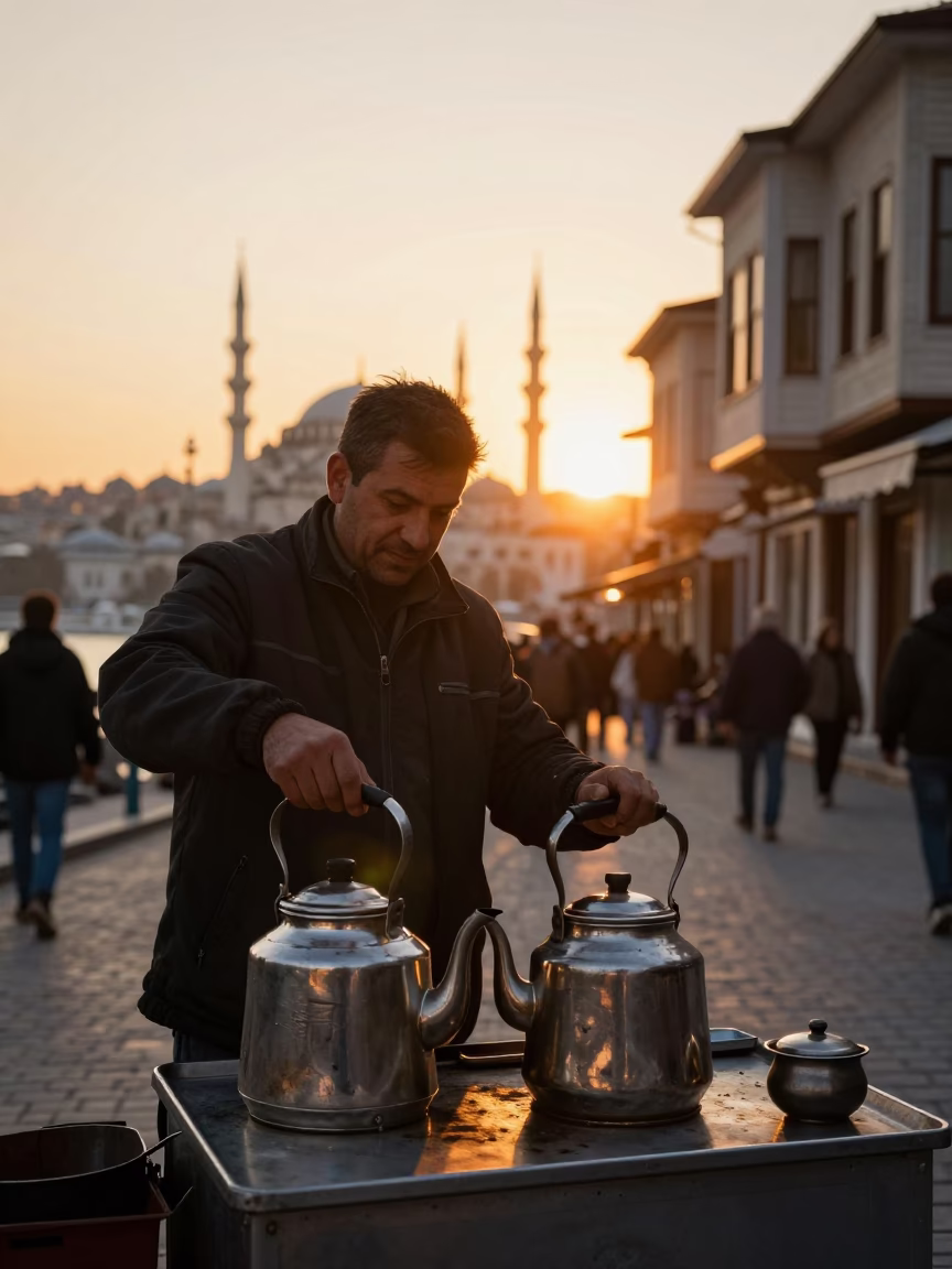 Golden Hour Street Scene in Istanbul with Traditional Tea Kettles and Sunset Light in in Istanbul, Turkey