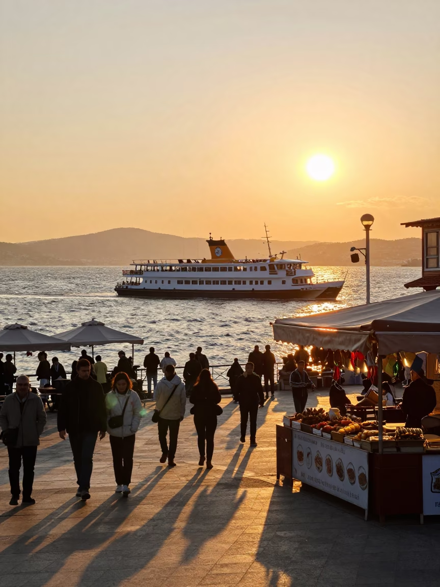 Golden Hour Street Scene in Izmir Turkey with Catamaran Ferry and Traditional Food in in Izmir, Turkey