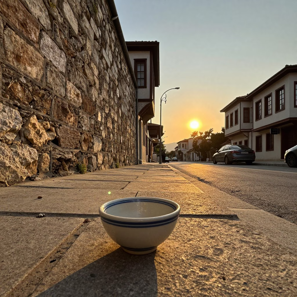Golden Hour Street Scene in Izmir Turkey with Ceramic Bowl and Cup in in Izmir, Turkey