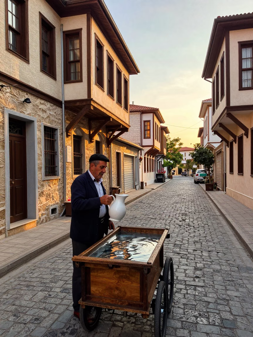 Golden Hour Street Scene in Izmir Turkey with Ceramic Pitcher and Lichen in in Izmir, Turkey