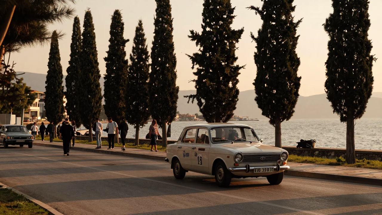 Golden Hour Street Scene in Izmir Turkey with Cypress Trees and Vintage Car Rally in in Izmir, Turkey