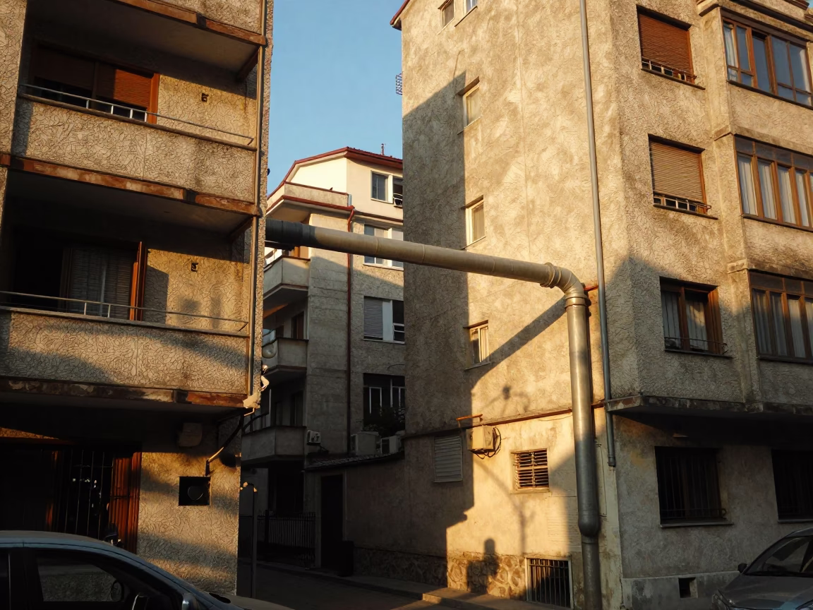 Golden Hour Street Scene in Izmir Turkey with District Heating Pipes and Apartment Blocks in in Izmir, Turkey