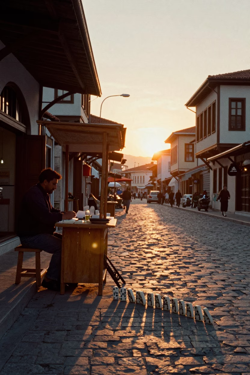 Golden Hour Street Scene in Izmir Turkey with Dominoes and Tool Caddies in in Izmir, Turkey