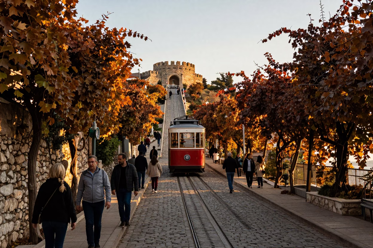 Golden Hour Street Scene in Izmir Turkey with Funicular and Autumn Vines in in Izmir, Turkey
