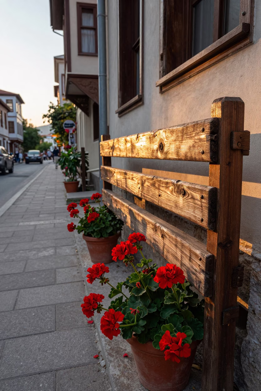 Golden Hour Street Scene in Izmir Turkey with Geraniums and Peg Rail in in Izmir, Turkey