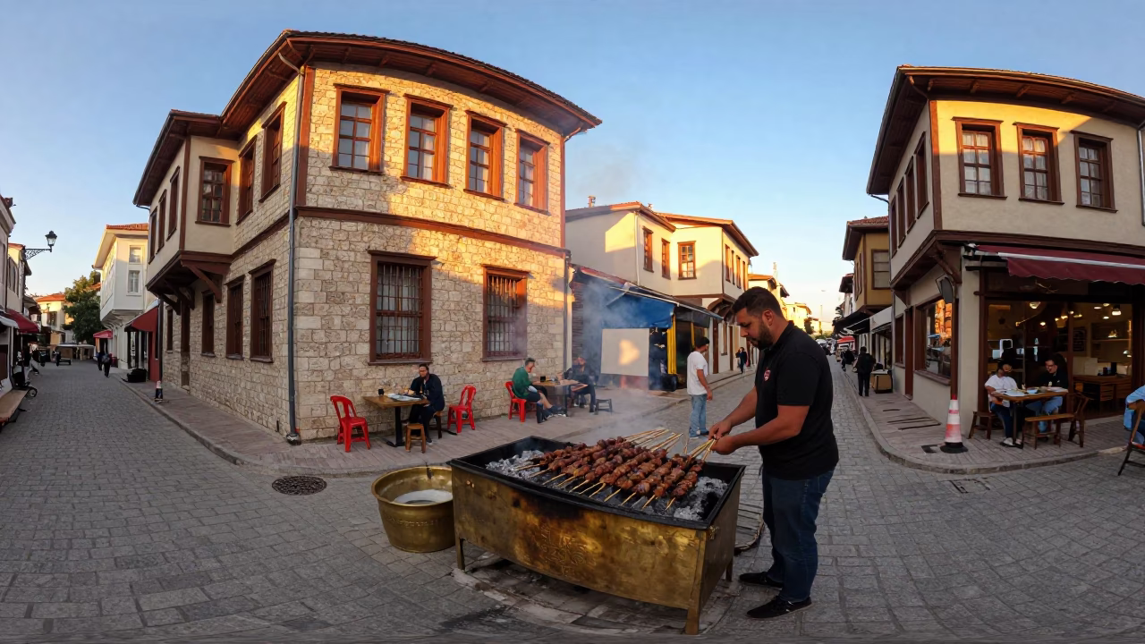 Golden Hour Street Scene in Izmir Turkey with Grilled Kebab and Brass Basin in in Izmir, Turkey