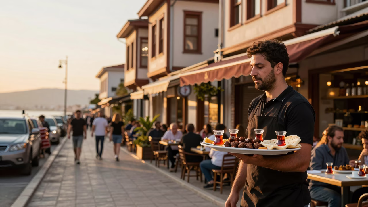 Golden Hour Street Scene in Izmir Turkey with Local Food and Tea Culture in in Izmir, Turkey