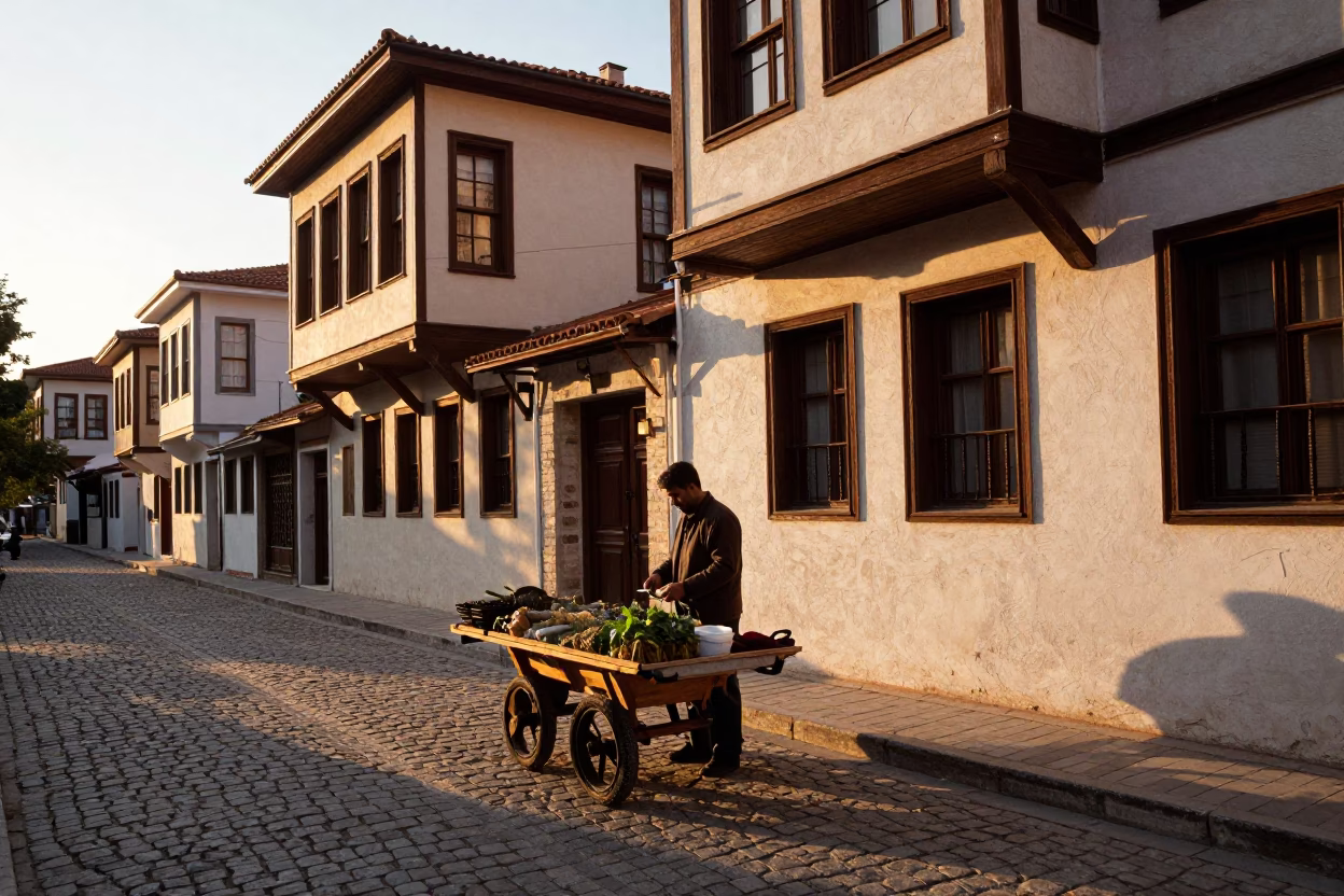Golden Hour Street Scene in Izmir Turkey with Local Herb Vendor in in Izmir, Turkey