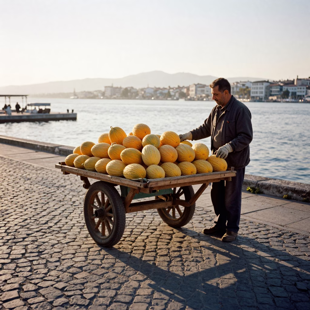 Golden Hour Street Scene in Izmir Turkey with Melons and Work Gloves in in Izmir, Turkey