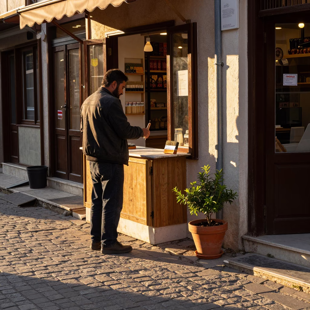 Golden Hour Street Scene in Izmir Turkey with Pastry Brush and Flowerpot in in Izmir, Turkey