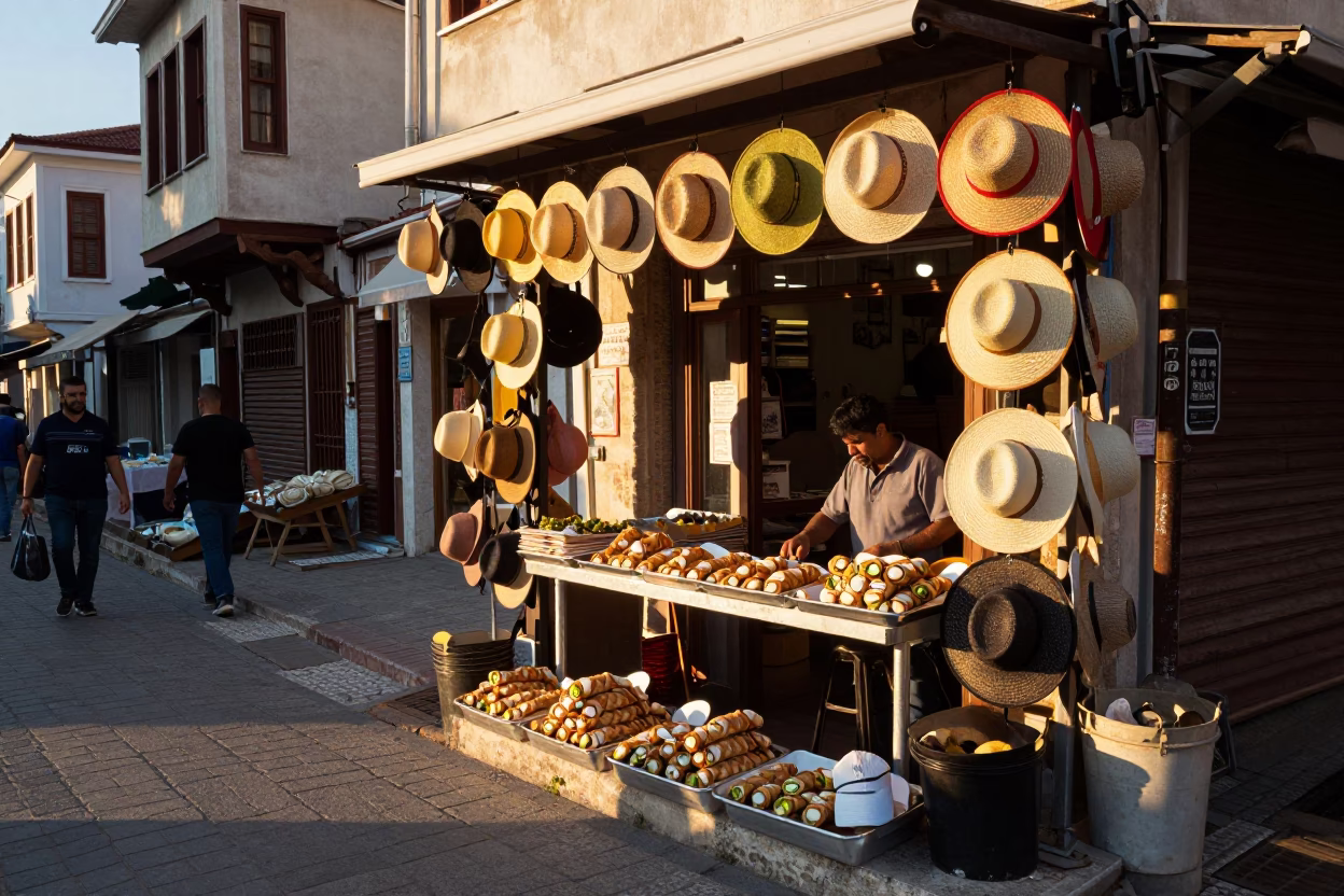 Golden Hour Street Scene in Izmir Turkey with Sun Hats and Cannoli Pistachio Tray in in Izmir, Turkey
