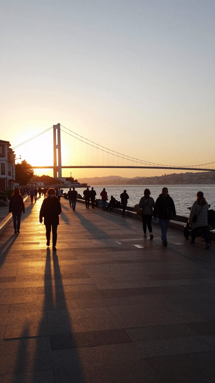 Golden Hour Street Scene in Izmir Turkey with Suspension Bridge and Urban Life in in Izmir, Turkey