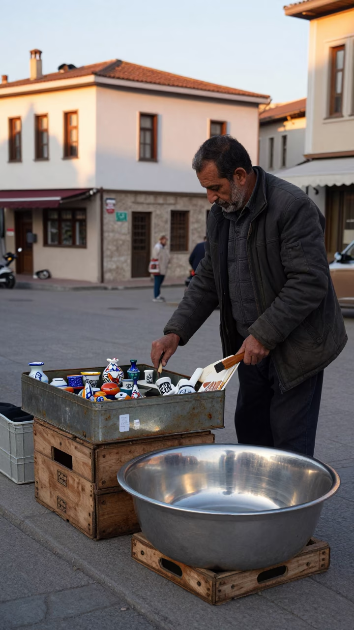 Golden Hour Street Scene in Izmir Turkey with Tin Box and Brushed Steel Basin in in Izmir, Turkey