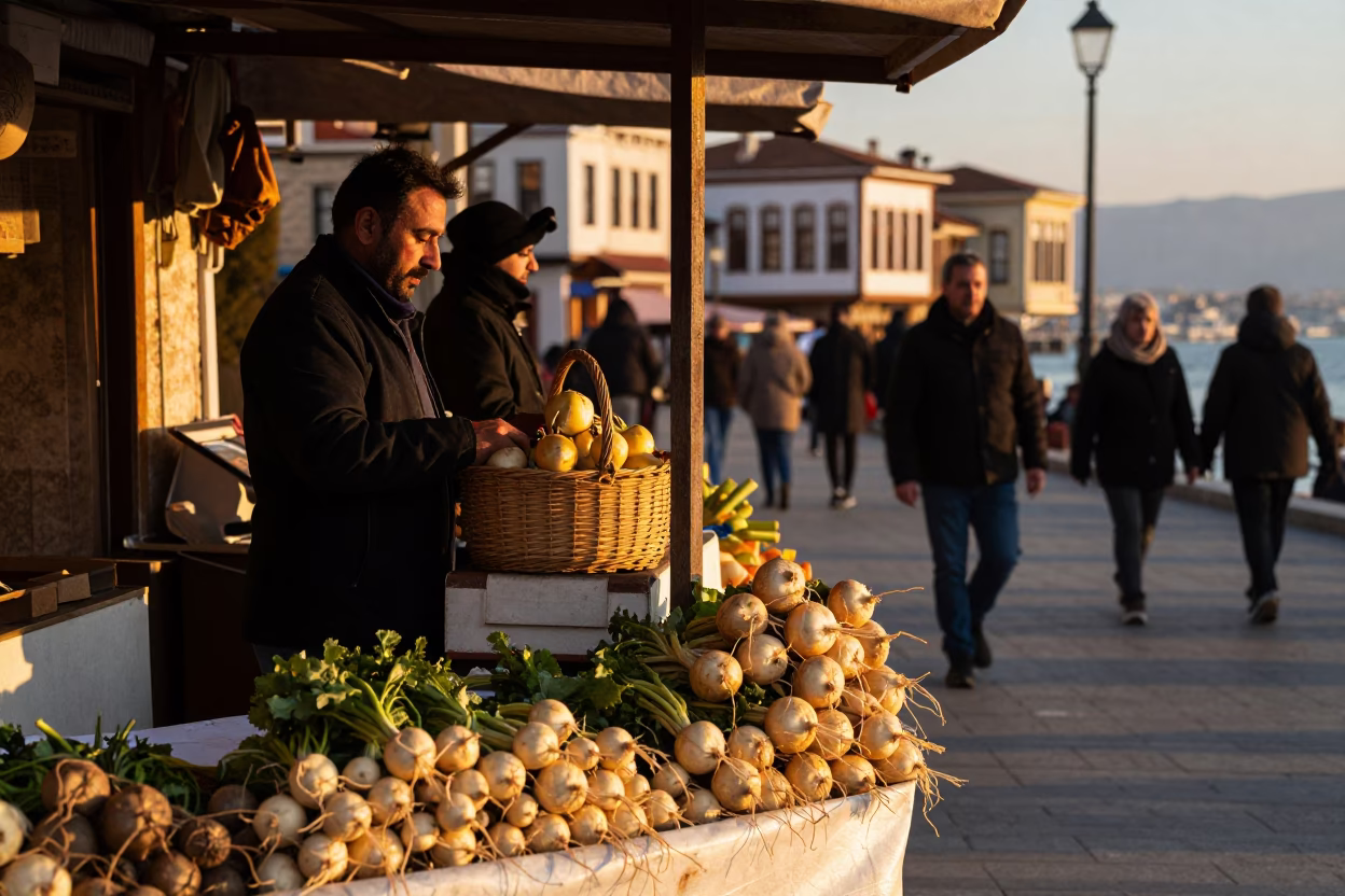 Golden Hour Street Scene in Izmir Turkey with Twine and Turnips in in Izmir, Turkey