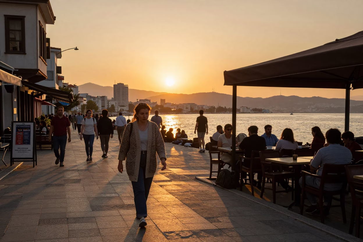 Golden Hour Street Scene in Izmir Turkey with Vintage 1980s Atmosphere in in Izmir, Turkey