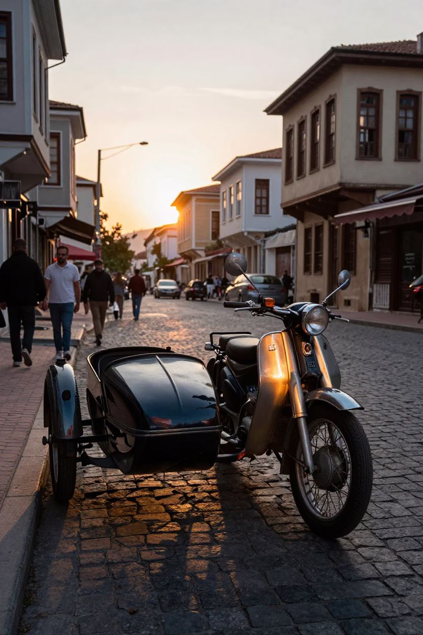 Golden Hour Street Scene in Izmir Turkey with Vintage Motorcycle Sidecar and Urban Details in in Izmir, Turkey