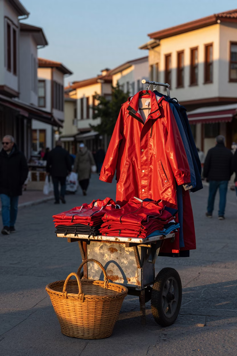 Golden Hour Street Scene in Izmir Turkey with Woven Basket and Raincoats in in Izmir, Turkey