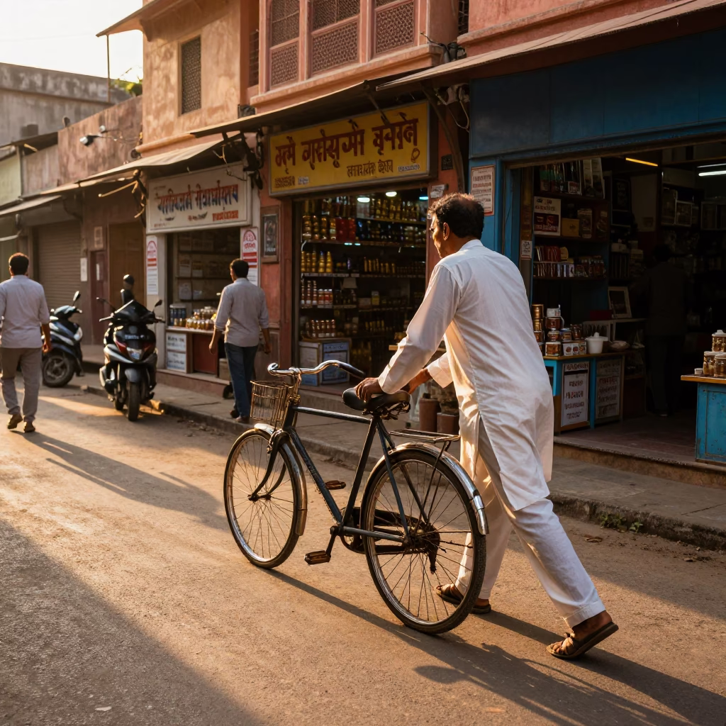 Golden Hour Street Scene in Jaipur India with Bicycle and Sunlight in in Jaipur, India