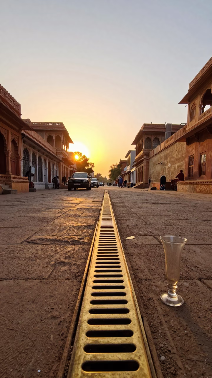 Golden Hour Street Scene in Jaipur India with Brass Drain and Glass Vase in in Jaipur, India