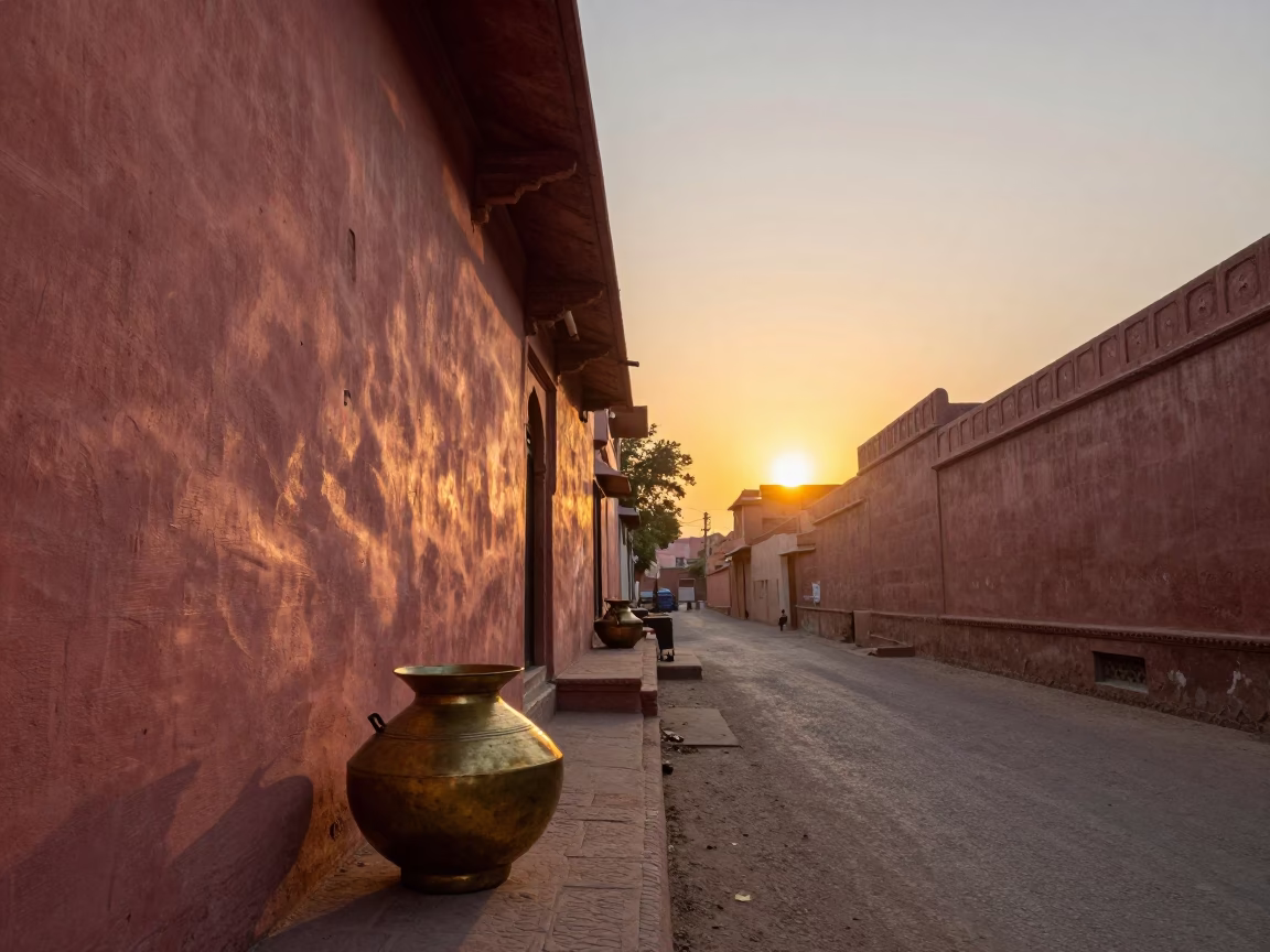 Golden Hour Street Scene in Jaipur India with Brass Pot and Wooden Stool in in Jaipur, India