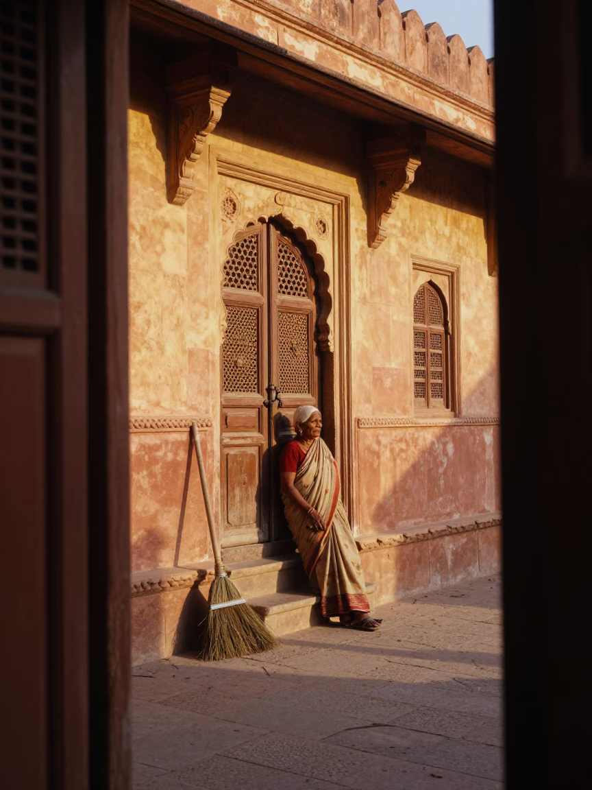 Golden Hour Street Scene in Jaipur India with Broom and Doorframe in in Jaipur, India