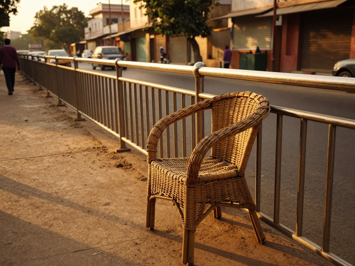 Golden Hour Street Scene in Jaipur India with Brushed Steel Rail and Wicker Shadows in in Jaipur, India