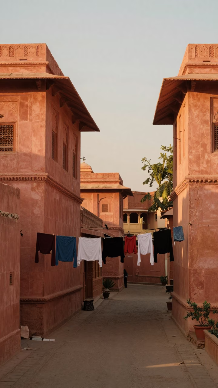 Golden Hour Street Scene in Jaipur India with Clothesline and Traditional Architecture in in Jaipur, India