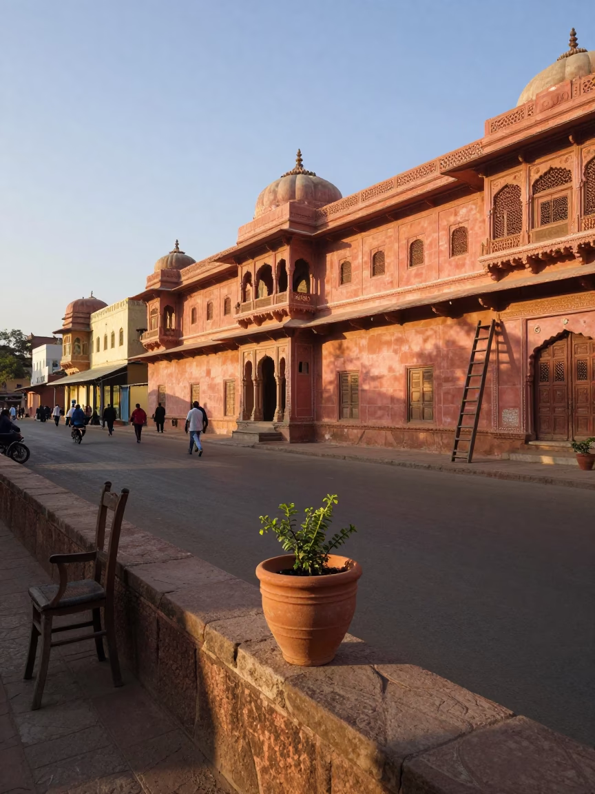 Golden Hour Street Scene in Jaipur India with Flowerpot and Ladder Back Chair in in Jaipur, India