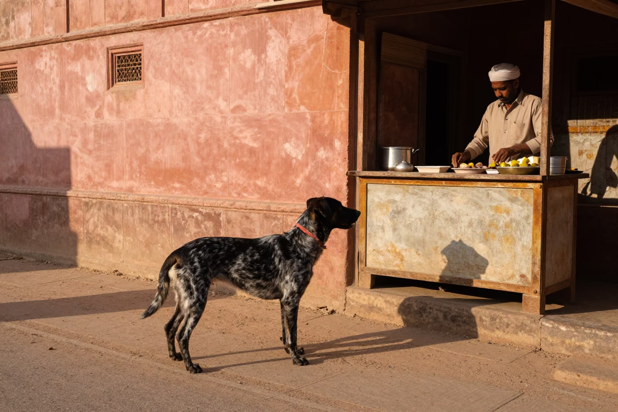 Golden Hour Street Scene in Jaipur India with German Shorthaired Pointer and Vintage Architecture in in Jaipur, India