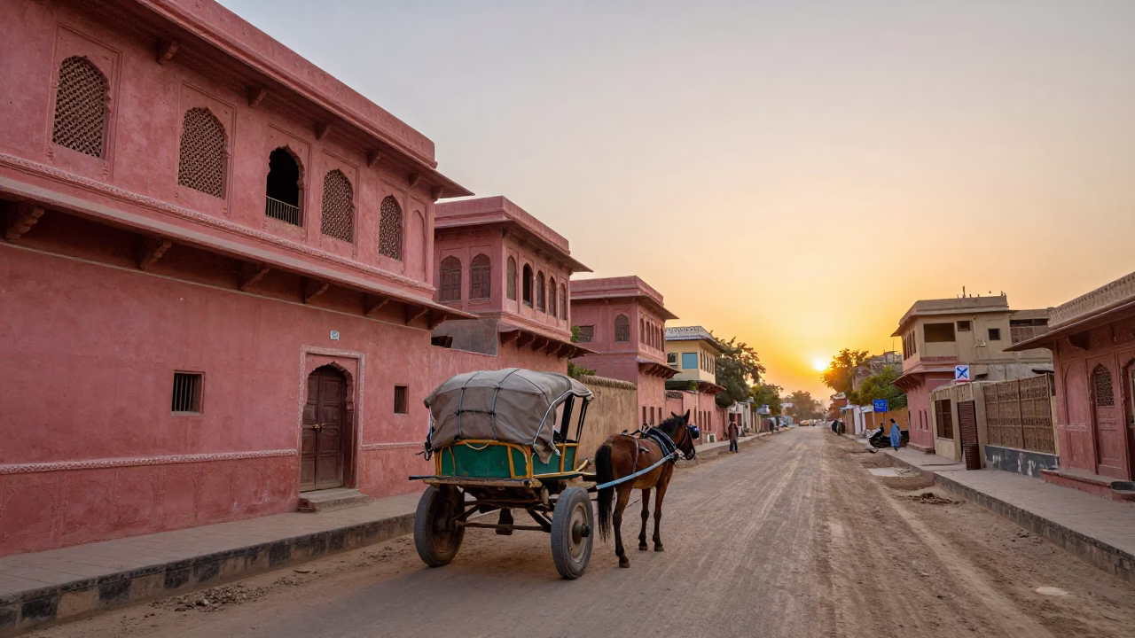 Golden Hour Street Scene in Jaipur India with Horse Cart and Pink Sandstone Architecture in in Jaipur, India