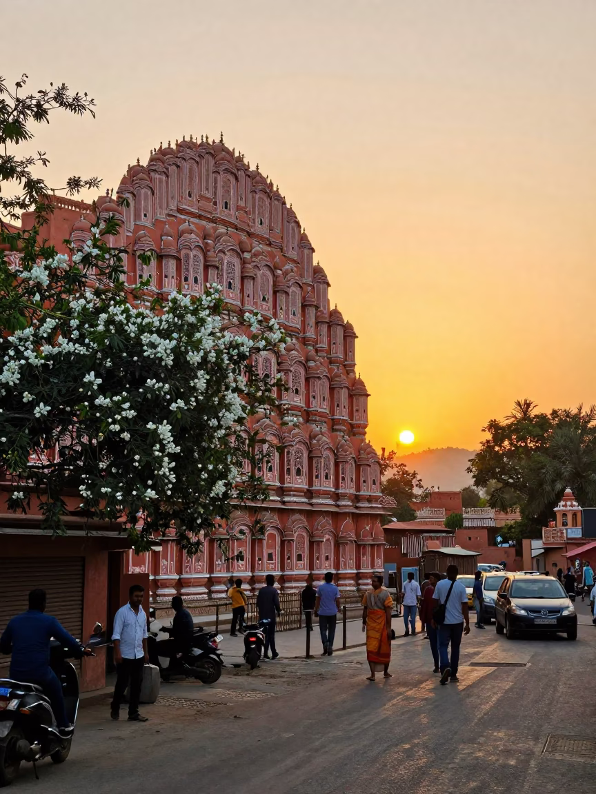 Golden Hour Street Scene in Jaipur India with Latch and Apricots in in Jaipur, India