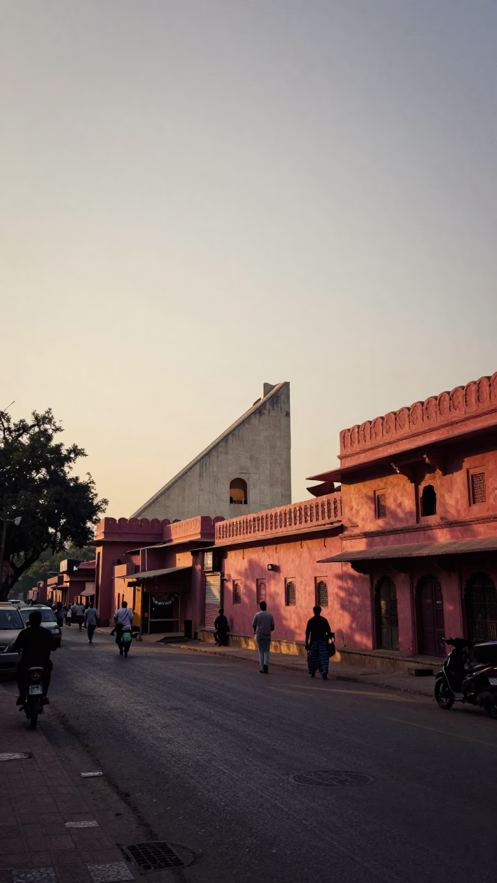 Golden Hour Street Scene in Jaipur India with Observatory Dome Silhouette in in Jaipur, India