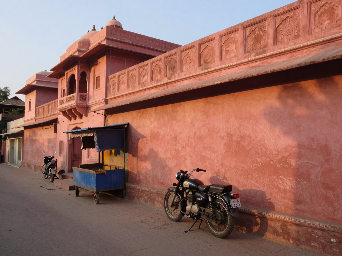 Golden Hour Street Scene in Jaipur India with Pink Sandstone and Vintage Elements in in Jaipur, India