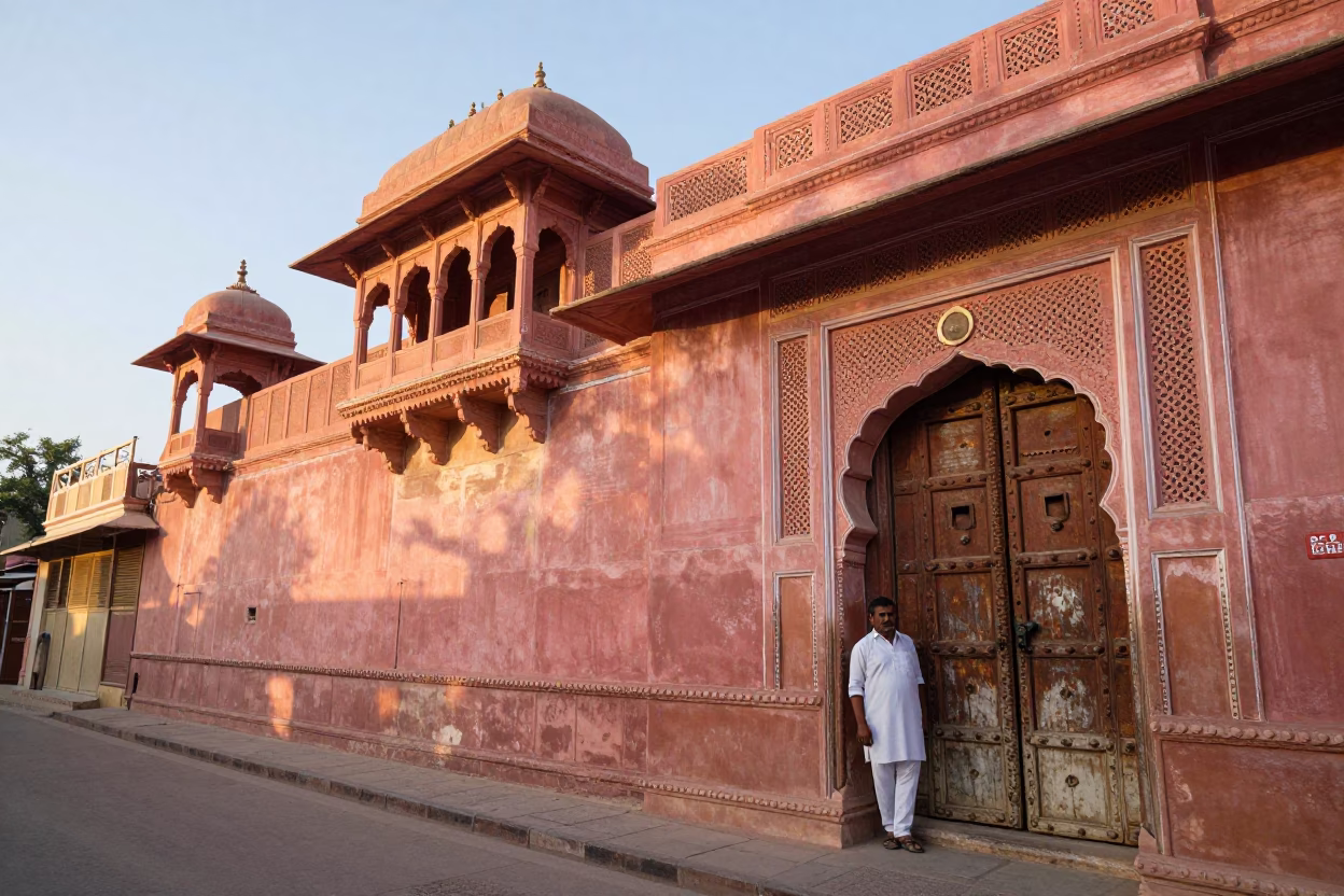 Golden Hour Street Scene in Jaipur India with Pink Sandstone Architecture and Local Life in in Jaipur, India