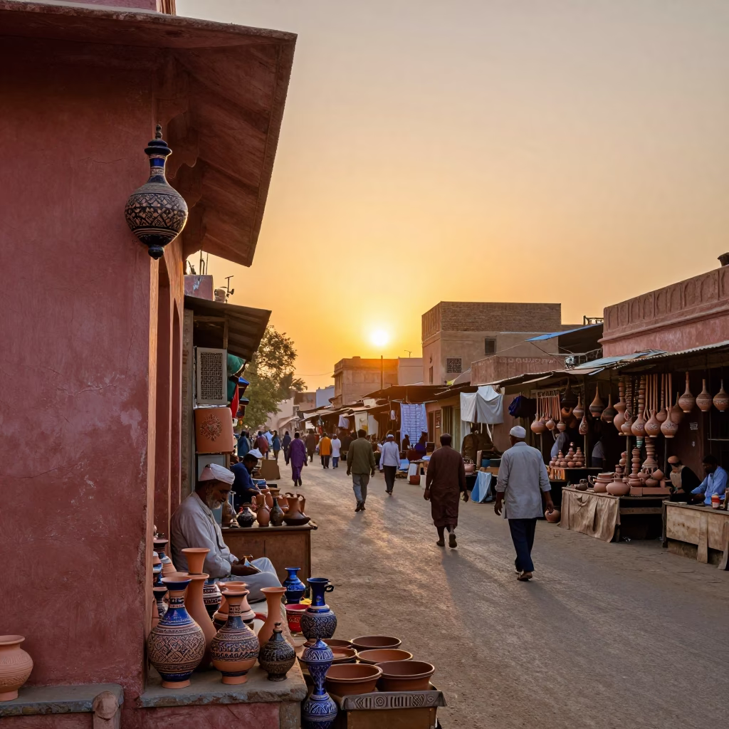 Golden Hour Street Scene in Jaipur India with Pottery Market and Local Life in in Jaipur, India